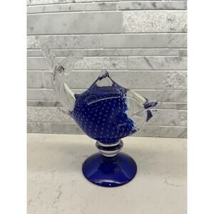 Murano Cobalt Blue Art Glass Fish Sculpture Bubble Paperweight - Made In Italy